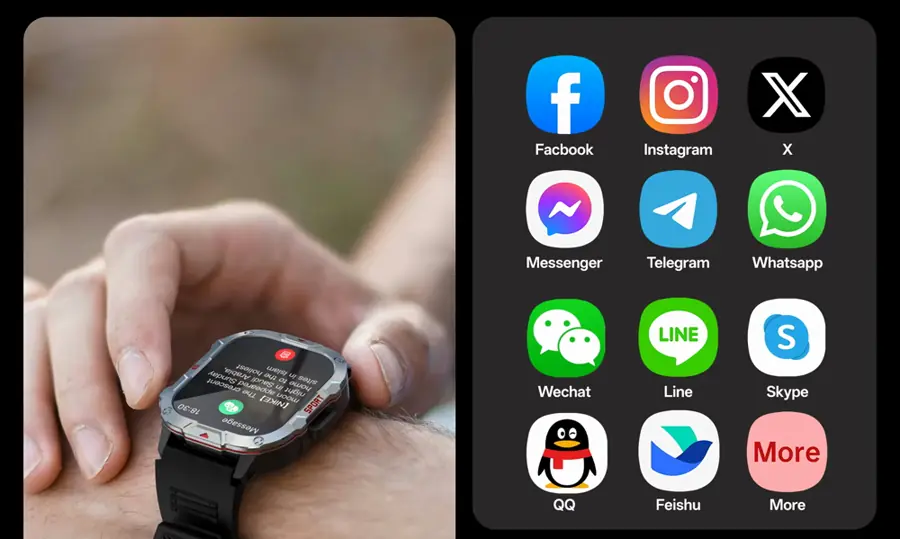 El reloj recibiendo una notificación y las apps que sincroniza: WhatsApp, Instagram, Facebook, Telegram y más