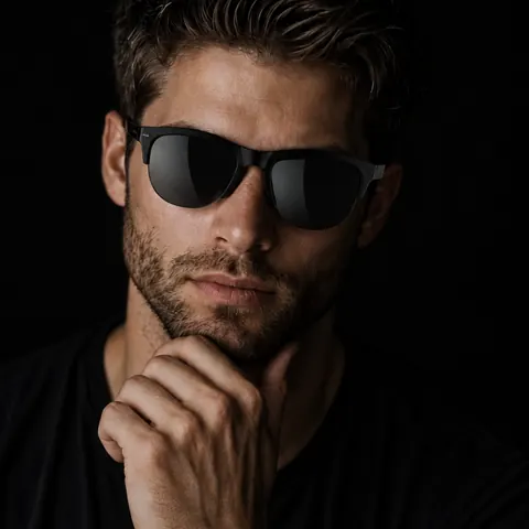Hombre con los lentes Bluetooth y el smartwatch